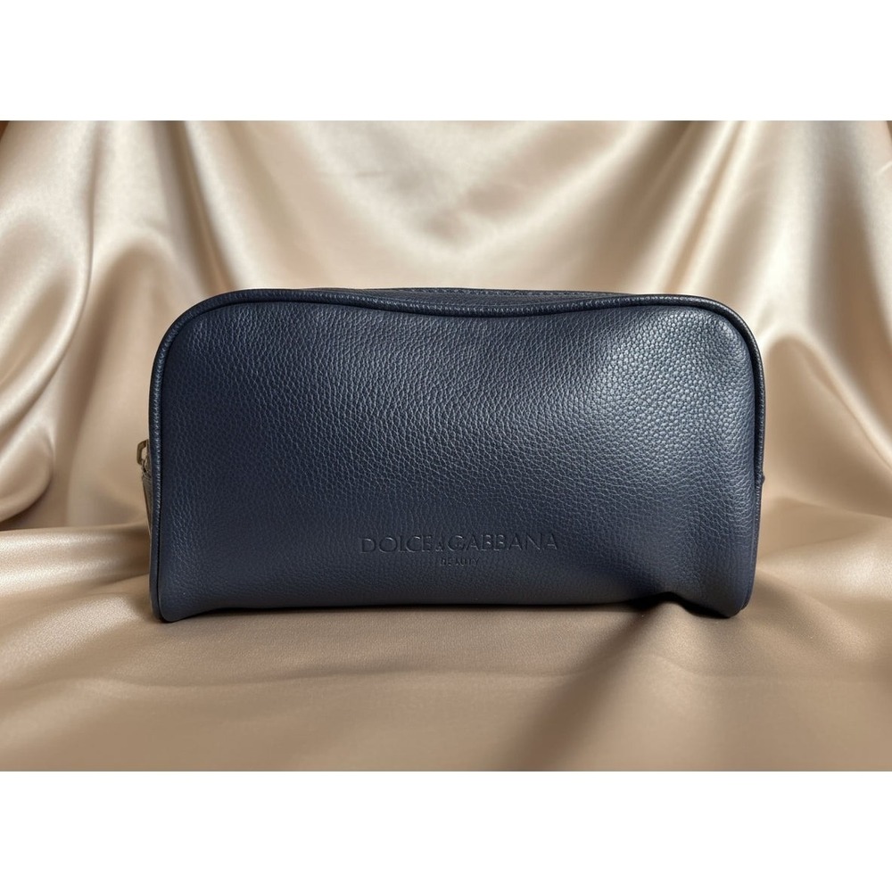 Dolce & Gabbana Navy Cosmetic Bag Double Zip Pebbled Travel Makeup Caseโ
